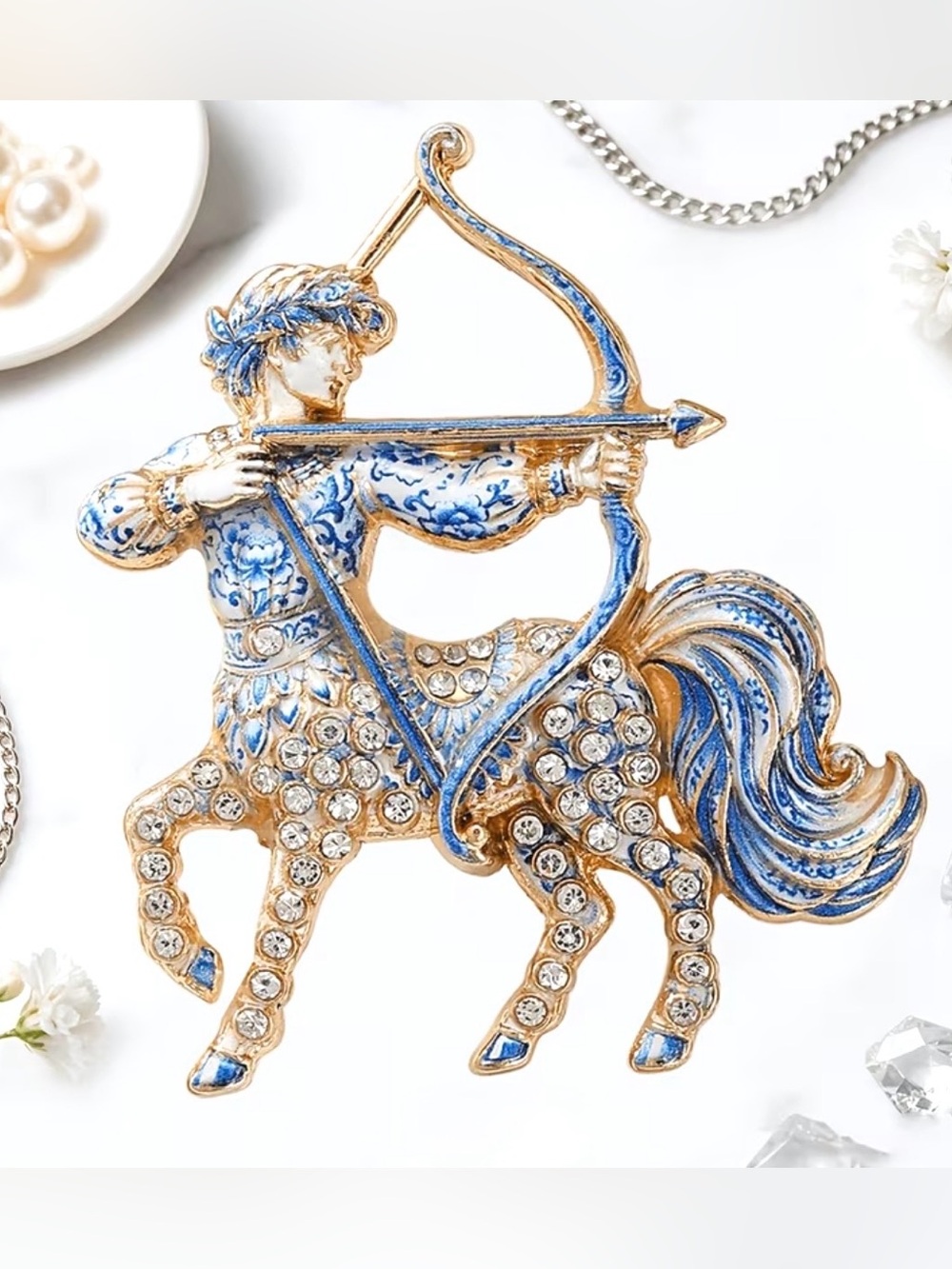 Sagittarius Centaur Brooch Blue & White